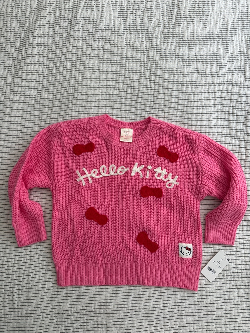 Hello Kitty Pink Knit Pullover with Red Bow Appliqués
